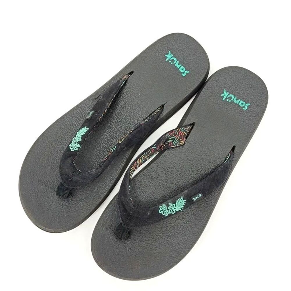 Sanuk Yoga Mat Black Floral Flip Flops Thong Sandals Boho Women’s 10 FU1024H